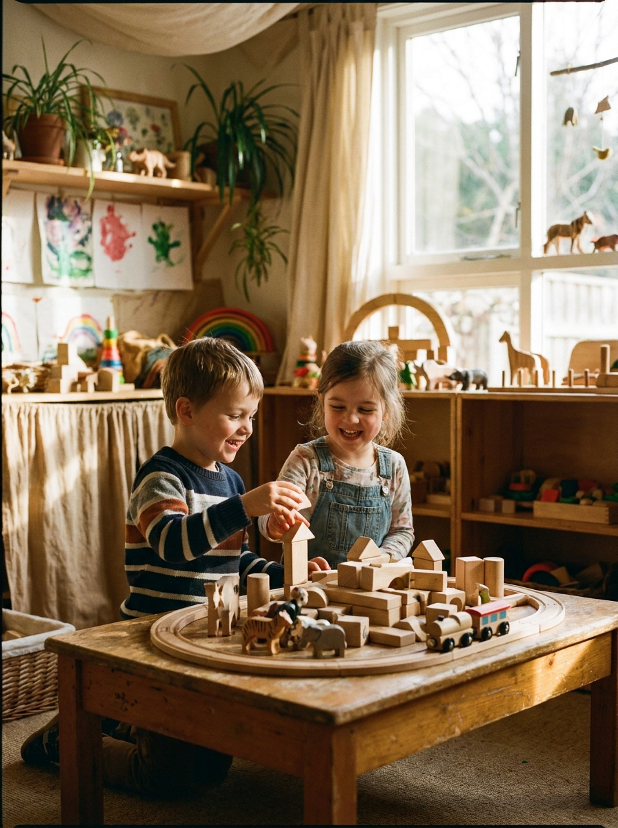 Symbolbild: Zwei Kinder entdecken gemeinsam Holzspielzeug