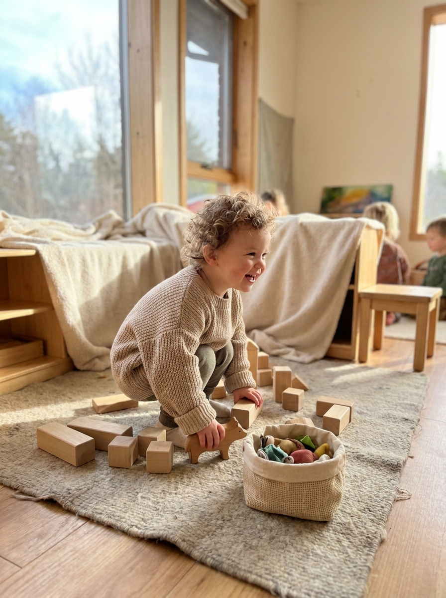Symbolbild: Kleinkind beim Spielen mit Holzspielzeug